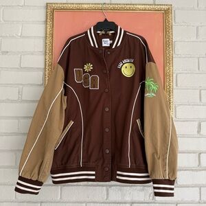 Princess Polly Brown Smiley Face USA Varsity Jacket Fun Embroidery + Patches 💖